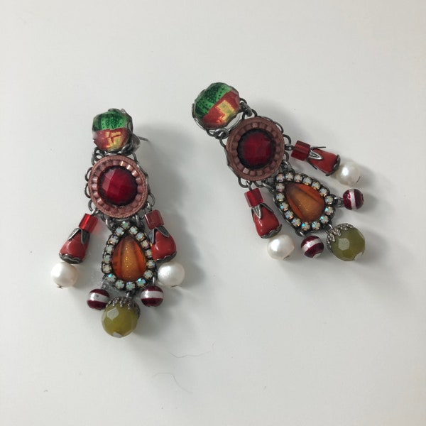 Stunning Ayala Bar Earrings Red Orange Pearl Multi-color