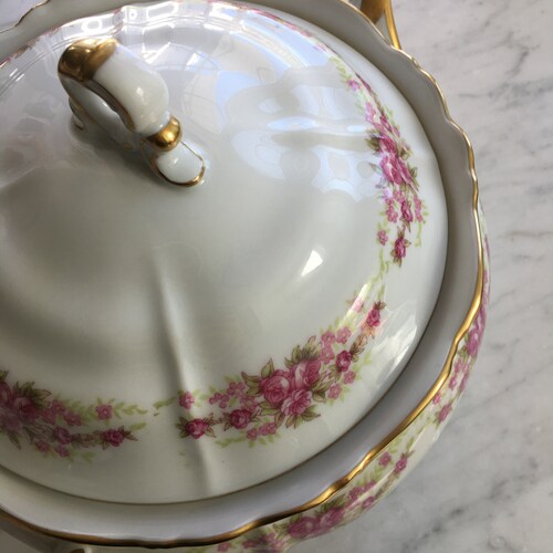 Grace China Dresden Rose Covered Vegetable Dish, pink roses, serving pot, fine china, shops handled dish, serving dish