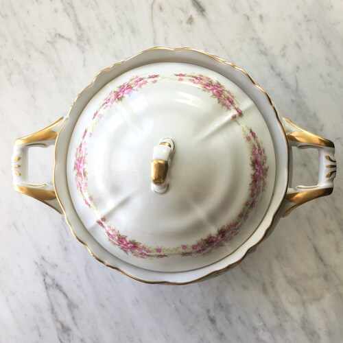 Grace China Dresden Rose Covered Vegetable Dish, pink roses, serving pot, fine china, shops handled dish, serving dish