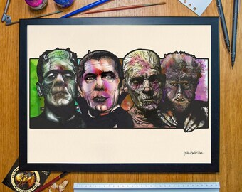Frankenstein, Drácula, Momia y Hombre Lobo. (Boris Karloff) Póster 30x40/Enmarcado