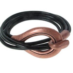 Multi Strand Black Leather Wrap Bracelet with Metal Teardrop Hook Clasp