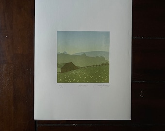 Landscape linocut block print - "Farm Hills"