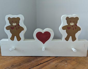 Vintage Teddy Bear Wooden Peg Rack Handmade Wooden Heart Key Hanger