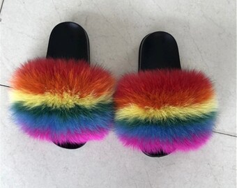 rainbow fur slides etsy