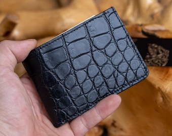 Smallest wallet, Black Alligator Wallet for Men - Minimalist Slim Design