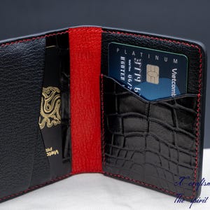 Black Alligator Card Wallet, black and red edition, handmade gift for him.