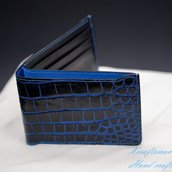 Cartera de cocodrilo para hombre hecha a mano / Cuero azul a medida de lujo / Patrón de textura especial / Gama alta