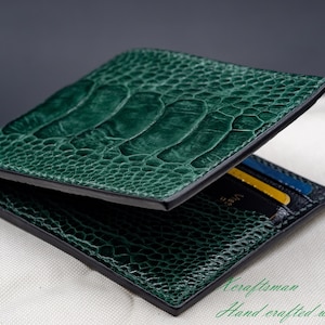 Cartera de piel de avestruz verde / Cartera de lujo para hombre hecha a mano / Regalo para él