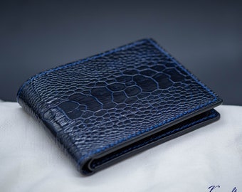 Handmade mens bifold wallet, Navy blue ostrich leather wallet for men, luxury exotic leather wallet for men, an idea of gift for him.