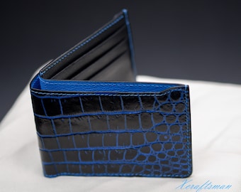 Portefeuille en alligator pour homme fabriqué à la main | Cuir bleu sur mesure de luxe | Motif de texture spécial | Haut de gamme
