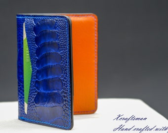 Blue ostrich leather cardholder, minimalist card wallet, slim leather wallet, front pocket wallet.