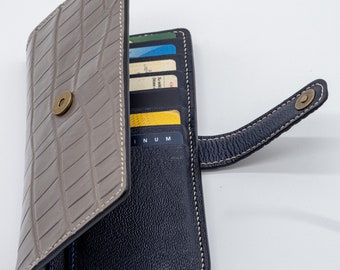 Gray alligator leather long wallet, handmade leather wallet with 14 card slots, luxury clutch wallet.