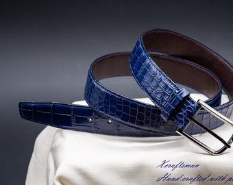 Men's blue alligator belt, Handmade leather belt, Classic belt for men, personalized belt for men.