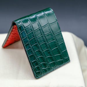 Green Alligator Wallet - Handmade Luxury Bifold Wallet with Red Python Leather Interior - Exotic Leather Wallet for Men - Personalized Gift