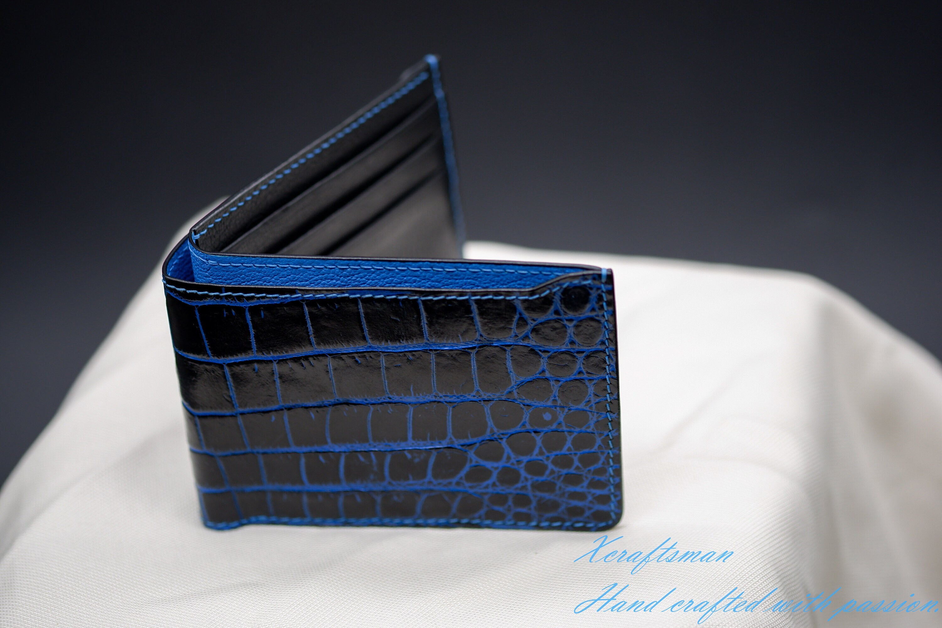 Bespoke Blue Crocodile Leather Bilfold Wallet, Money Clip Handmade