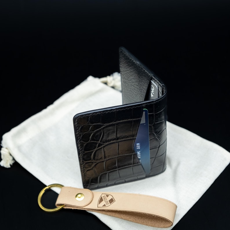 Slim Black Alligator Card Wallet, Handcrafted Leather Cardholder with 6 slots. image 10