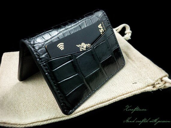 Slim Black Alligator Card Wallet, Handcrafted Leather Cardholder with 6 slots.