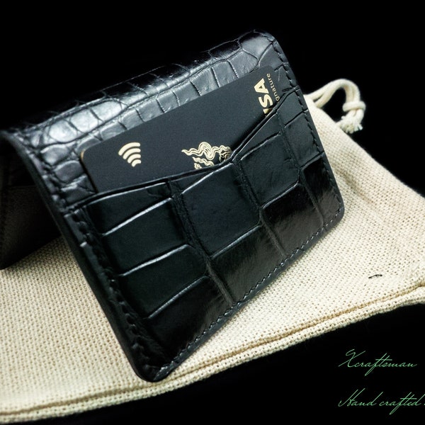 Slim Black Alligator Card Wallet, Handcrafted Leather Cardholder with 6 slots.