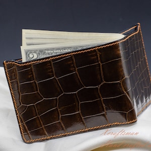 Cartera de cocodrilo de lujo para hombre / Acabado esmaltado marrón genuino / Cartera de diseñador de gama alta para caballeros.