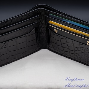 Cartera de piel de cocodrilo negra para hombre - Diseño minimalista, plegable y delgado