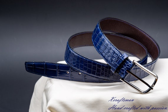 Cinturón de cocodrilo azul hombre cinturón de cuero - Etsy México