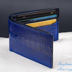 Blauwe leren portemonnee met struisvogelbeen voor heren – handgemaakt op bestelling en een luxe cadeau voor hem.