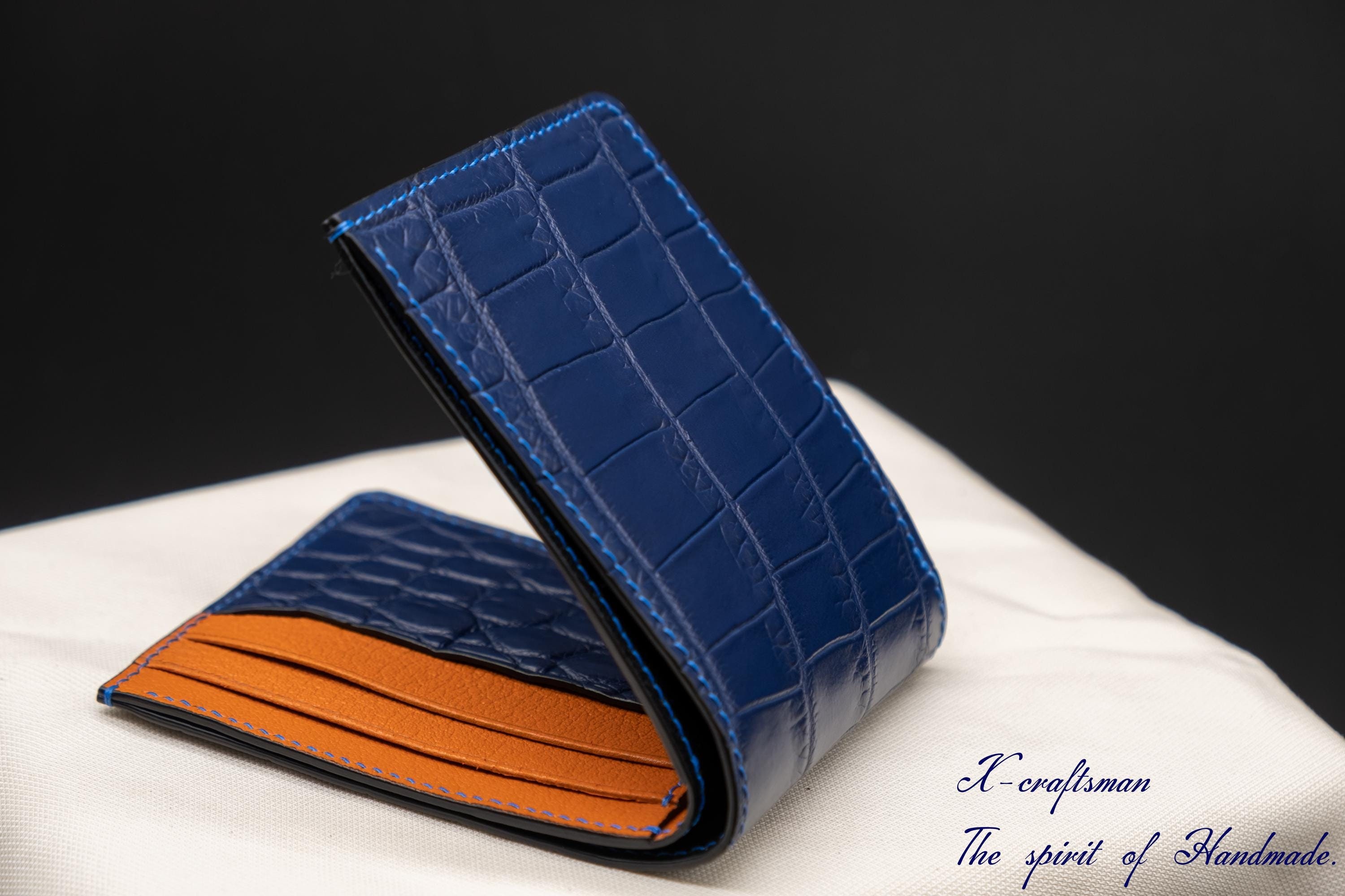 Handmade Alligator Leather Wallet: Navy Blue With Orange