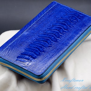Cartera larga de cuero de avestruz azul con cremallera, bolso de mujer hecho a mano, billetera clutch de mujer,