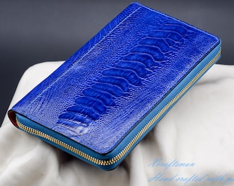 Blue ostrich leather long wallet with zipper, handmade womens purse, womens clutch wallet,