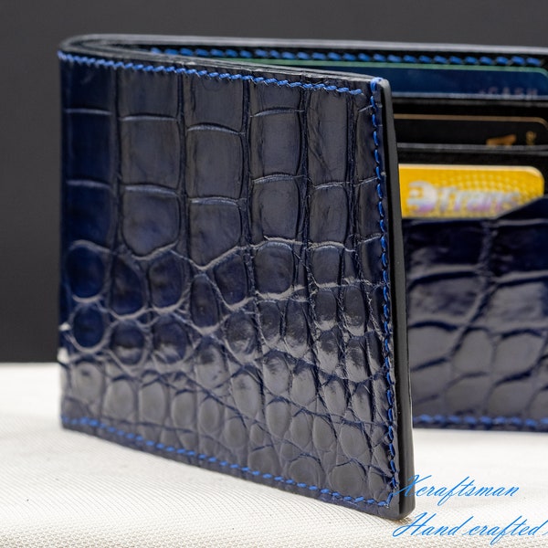 Mens handmade alligator leather wallet. Navy blue alligator wallet for men.
