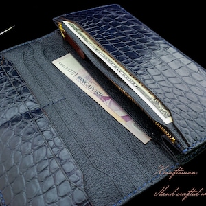 Cartera larga hecha a mano de piel de caimán genuina, cartera larga a medida para hombre y mujer, cartera bifold unisex azul marino