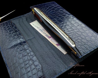 Long wallet handmade from genuine alligator leather, Bespoke long wallet for mens and womens, unisex navy-blue bifold wallet