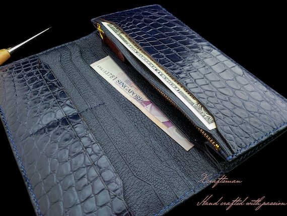 Bespoke Blue Crocodile Leather Bilfold Wallet, Money Clip Handmade