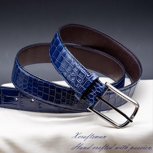 Blauwe alligatorriem, klassieke leren riem voor heren, handgemaakt cadeau voor hem.