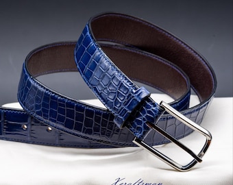 Blue Alligator Belt, Classic Leather Belt for Men, handmade gift for him.