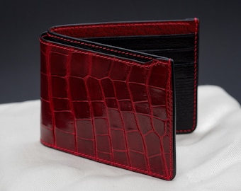Mens Red Alligator Leather Wallet: Handmade Minimalist Bifold