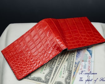 Mens red alligator bifold wallet, handcrafted from genuine alligator and French chevre. One of a kind wallet - an idea of gift for him.