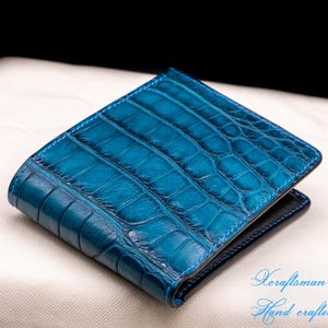 Luxury Blue Alligator Leather Wallet – Handmade Exotic Bifold, Slim Minimalist, Bespoke Made to Order