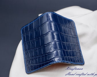 Blue alligator card holder,handmade leather card wallet, minimalist cardholder, slim card wallet.
