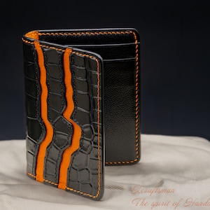 Handgemachte maßgeschneiderte Alligator Kartentasche mit orangem Futter, einzigartiger Taschenorganizer, einzigartige Kartentasche.