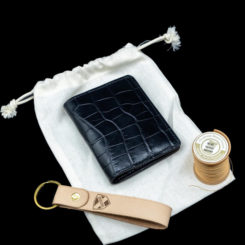Slim Black Alligator Card Wallet, Handcrafted Leather Cardholder with 6 slots. image 9