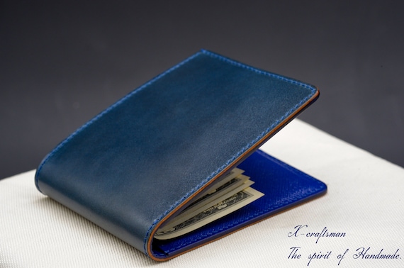 Bespoke Blue Crocodile Leather Bilfold Wallet, Money Clip Handmade