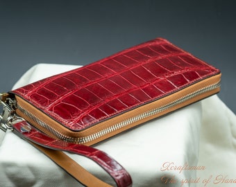 Handcrafted Red Alligator Bespoke Wallet - Luxury Women's Clutch with Glossy Finish, perfect idea gift for her.