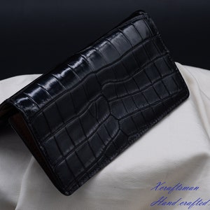 Cartera larga de cocodrilo negra, Cartera larga plegable hecha a mano. Cartera de cocodrilo de lujo.