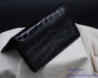Cartera larga de cocodrilo negra, Cartera larga plegable hecha a mano. Cartera de cocodrilo de lujo.
