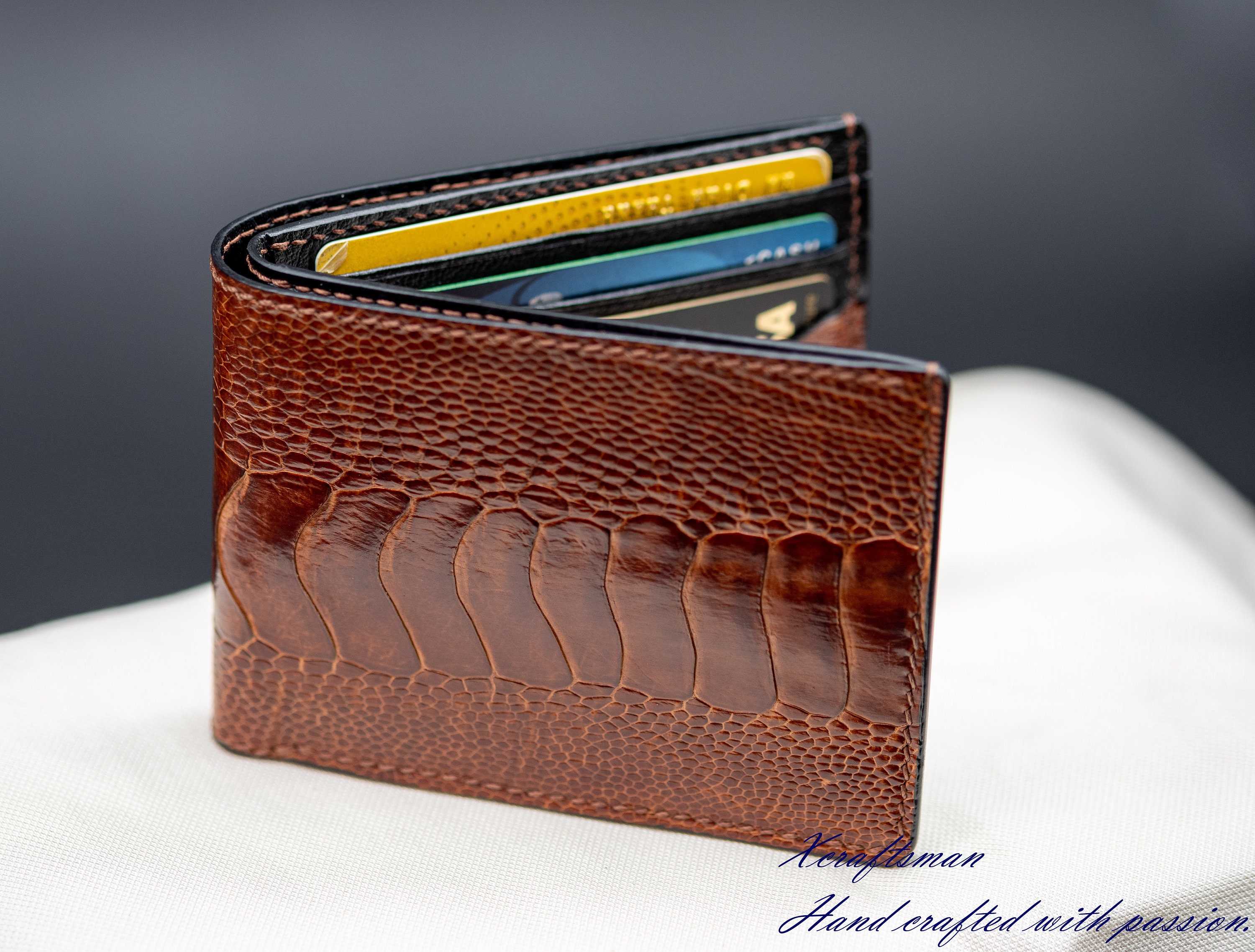 Mens brown ostrich wallet handmade mens bifold walletluxury Etsy