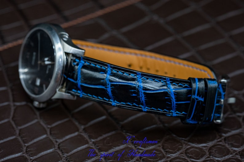 Tailored Premium Alligator Watch Band, Luxury Bespoke Watch Strap Personalized and Stylish in Black and Blue image 6