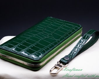 Green alligator zip wallet, Bespoke long wallet , luxury clutch wallet, handmade to be a perfect gift.