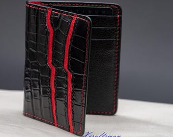 Black alligator cardholder with red chevre lining, Slim bifold card wallet with unique design.