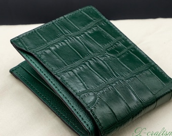 Green Alligator Wallet with ostrich Leg & French Chevre Leather lining. Handmade to order, bespoke wallet for men.